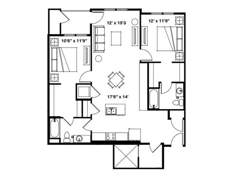Floor plan for 2 beds, 2 baths, 1094 sqft